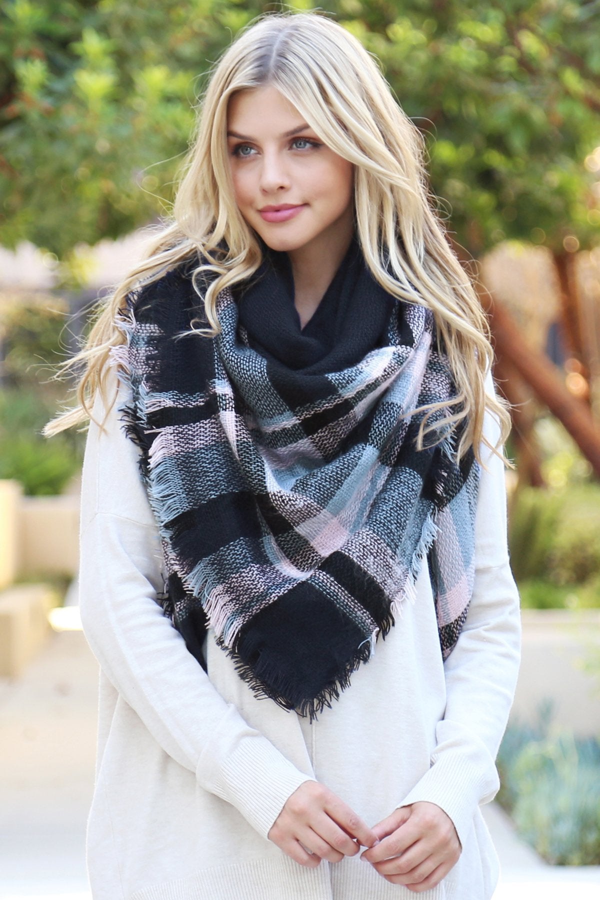 Navy Blanket Fringed Scarf