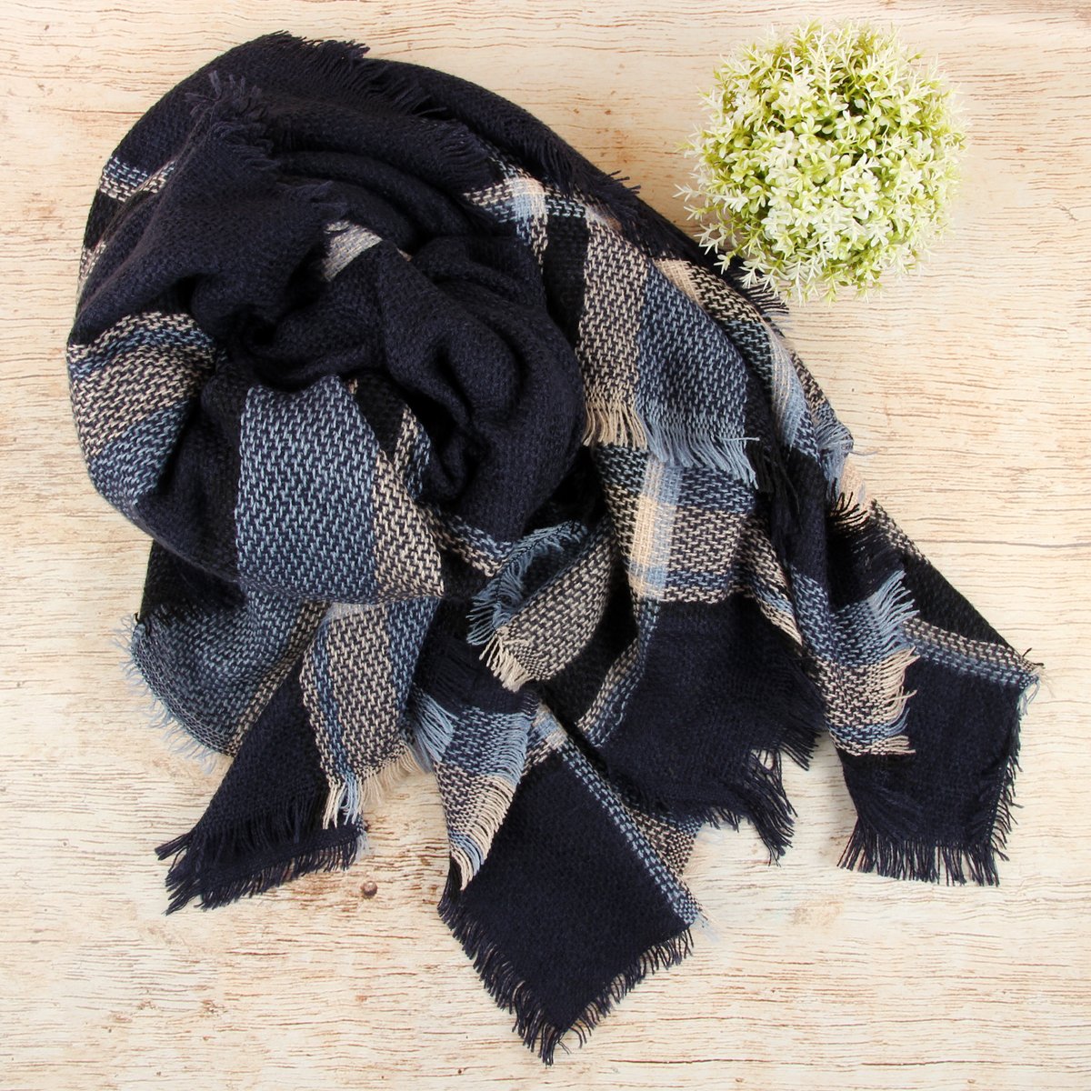 Navy Blanket Fringed Scarf