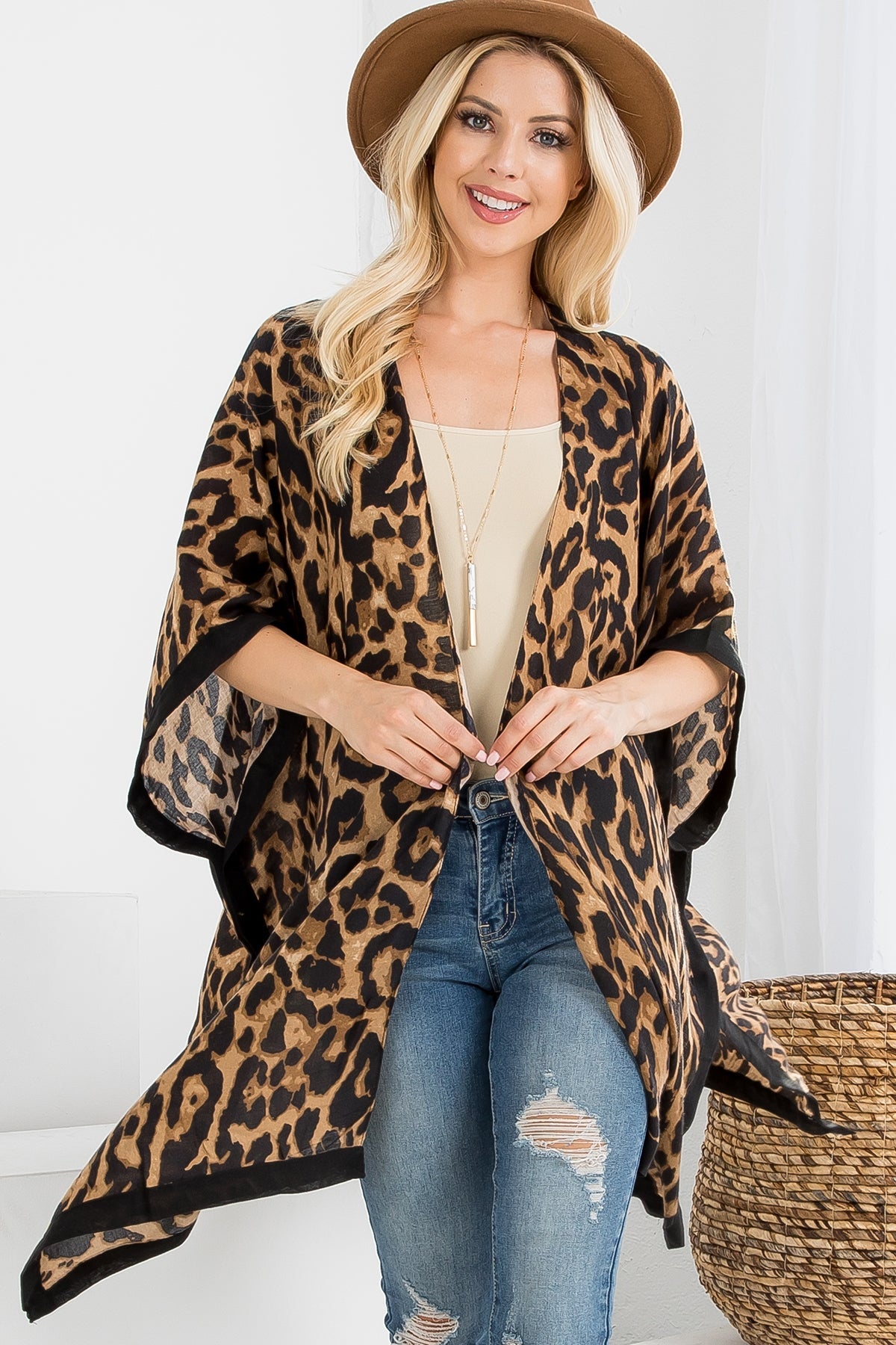 Hdf2503br - Brown Leopard Open Front Kimono
