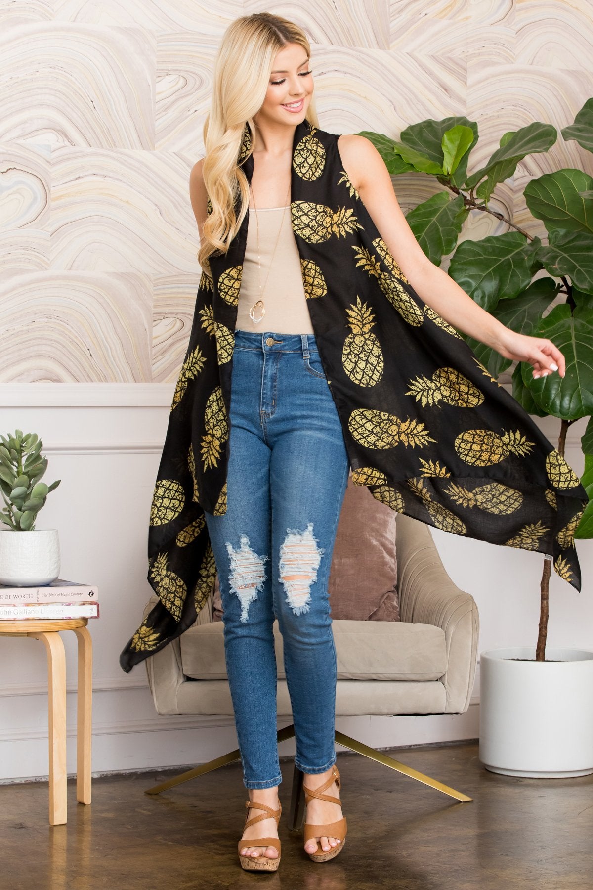 Hdf2660bk - Black Pineapple Printed Open Front Kimono