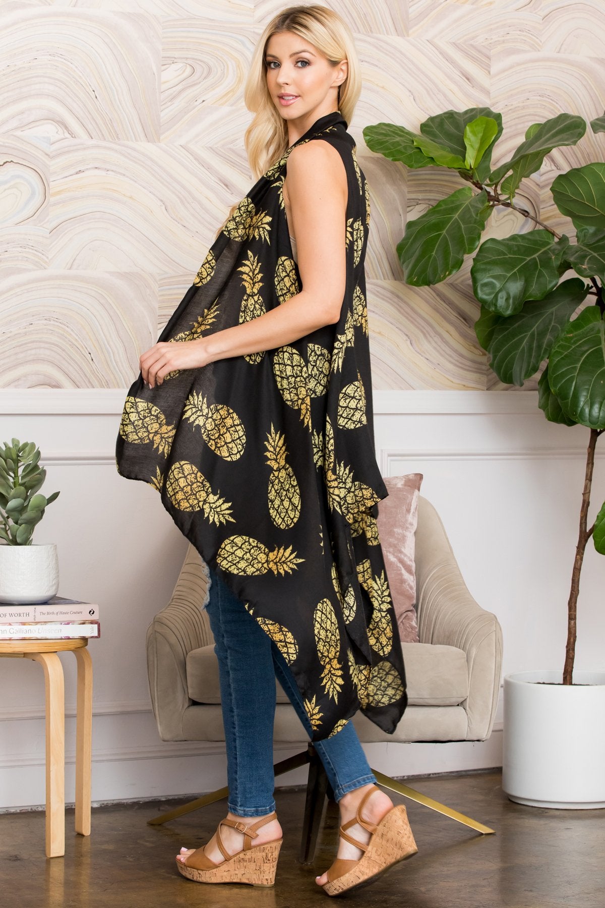 Hdf2660bk - Black Pineapple Printed Open Front Kimono