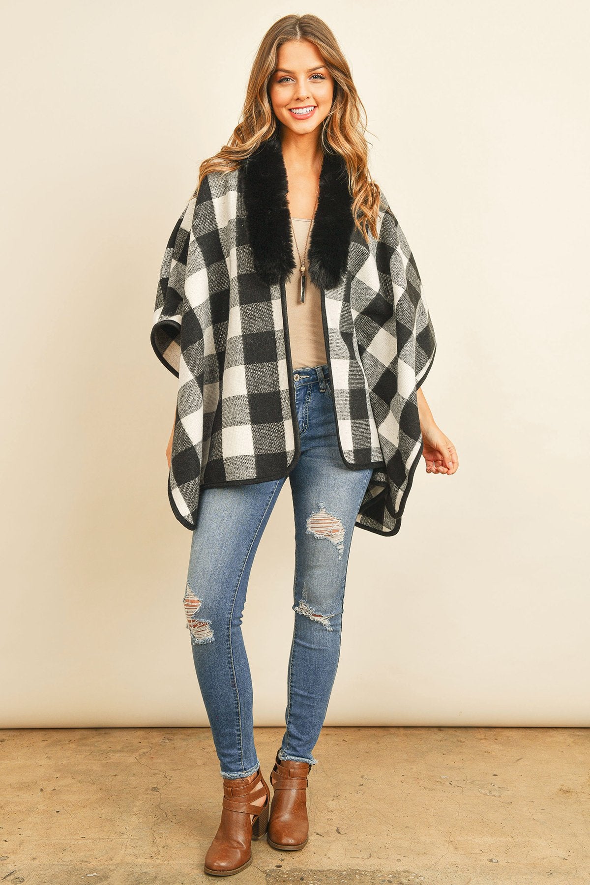 Hdf3144 - Plaid Fur Open Front Kimono