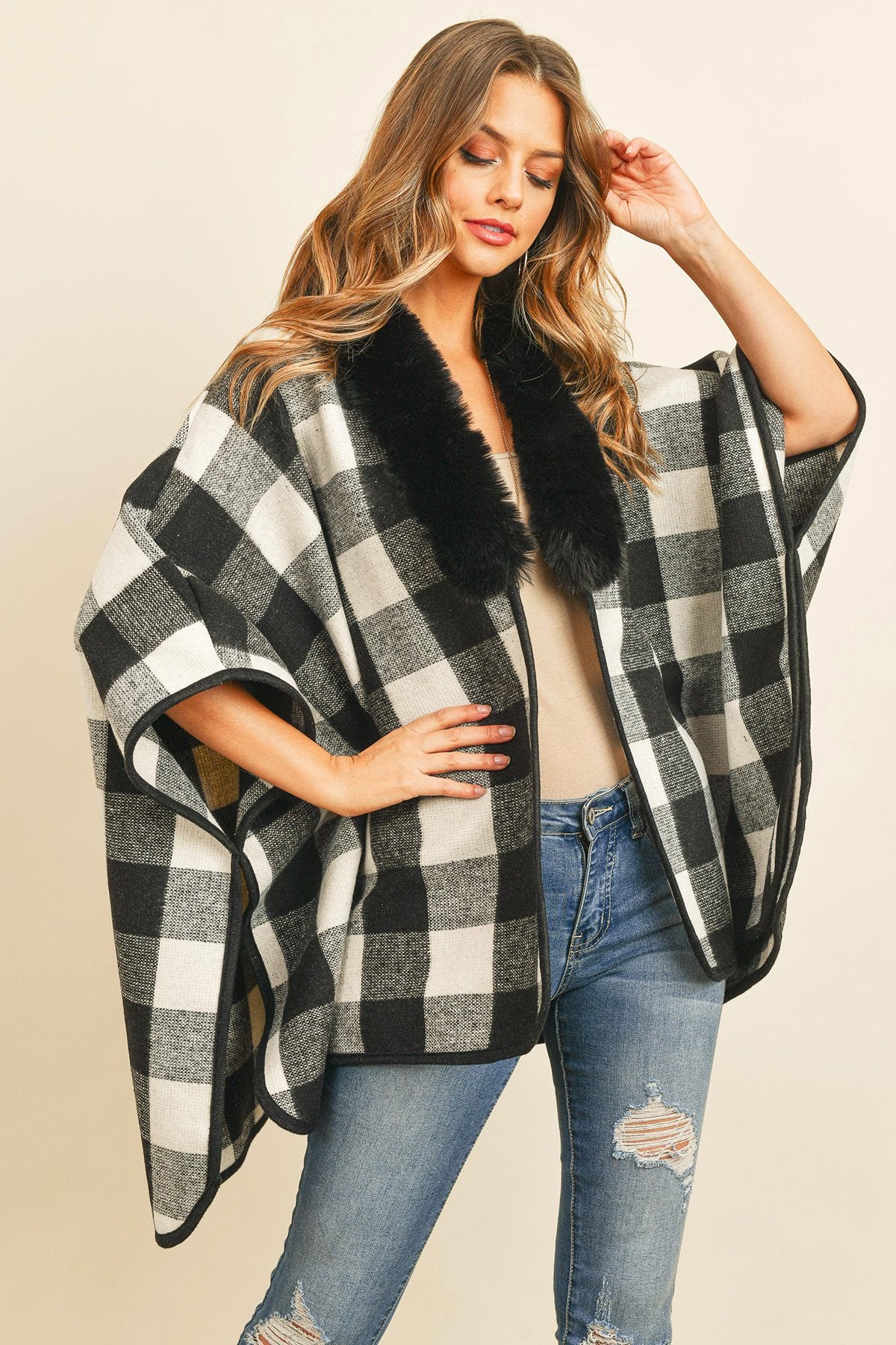 Hdf3144 - Plaid Fur Open Front Kimono