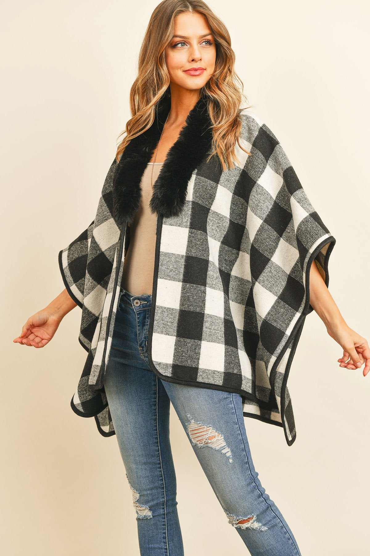Hdf3144 - Plaid Fur Open Front Kimono