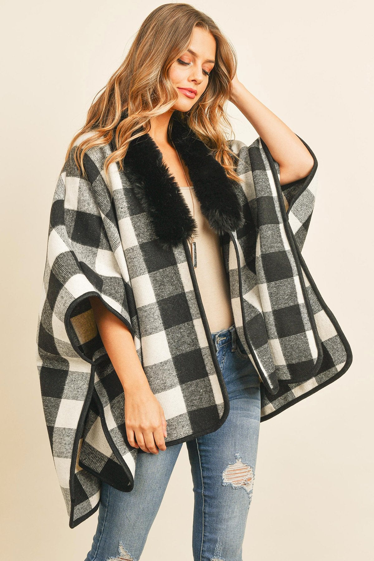 Hdf3144 - Plaid Fur Open Front Kimono