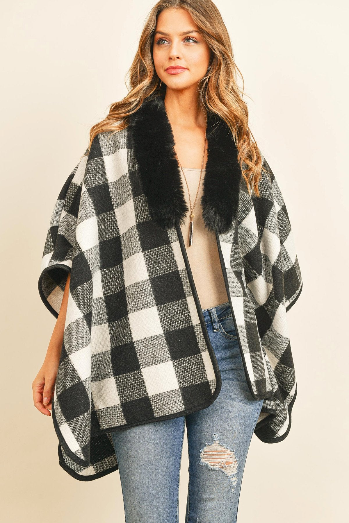 Hdf3144 - Plaid Fur Open Front Kimono