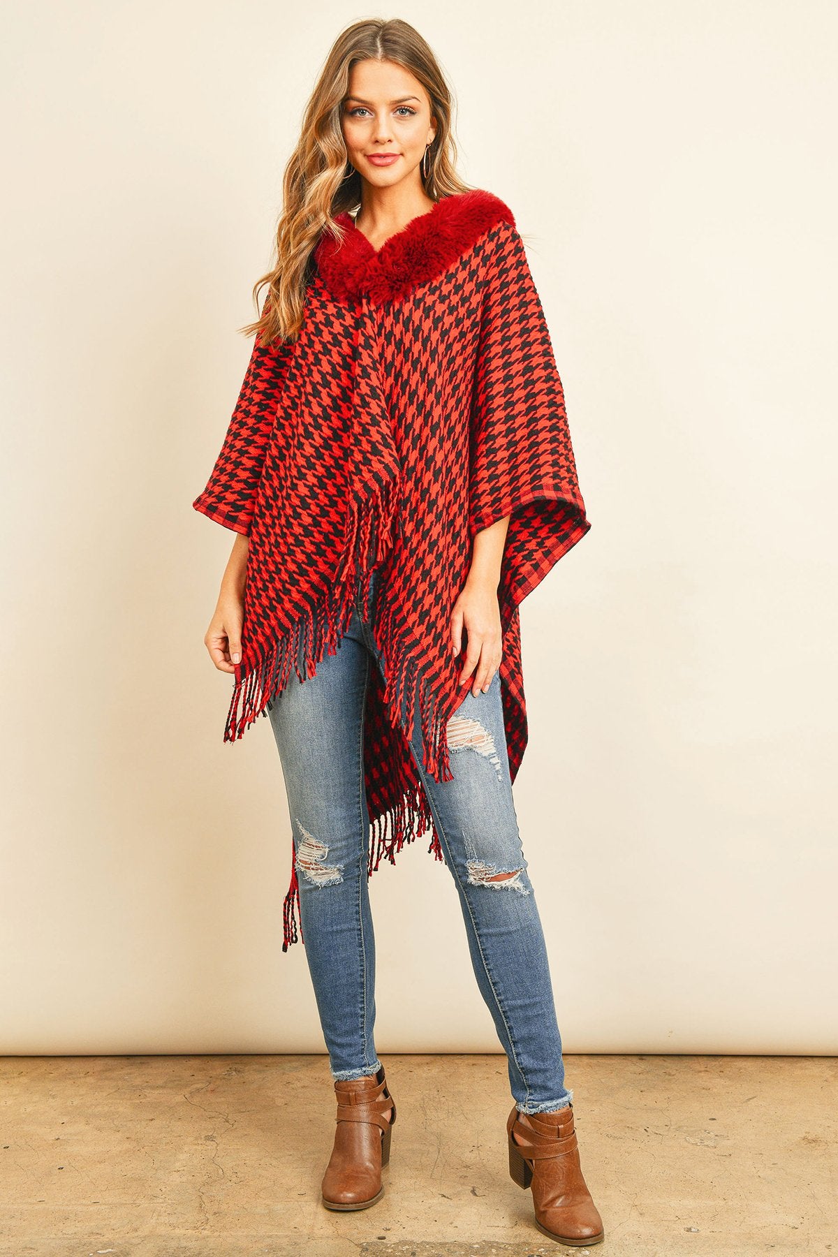 Hdf3145 - Houndstooth Fur Open Front Kimono