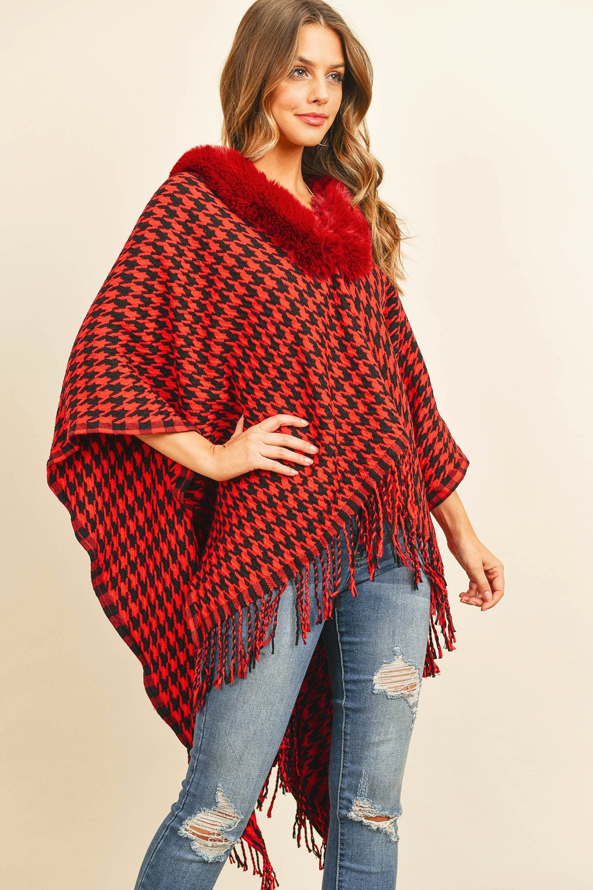 Hdf3145 - Houndstooth Fur Open Front Kimono