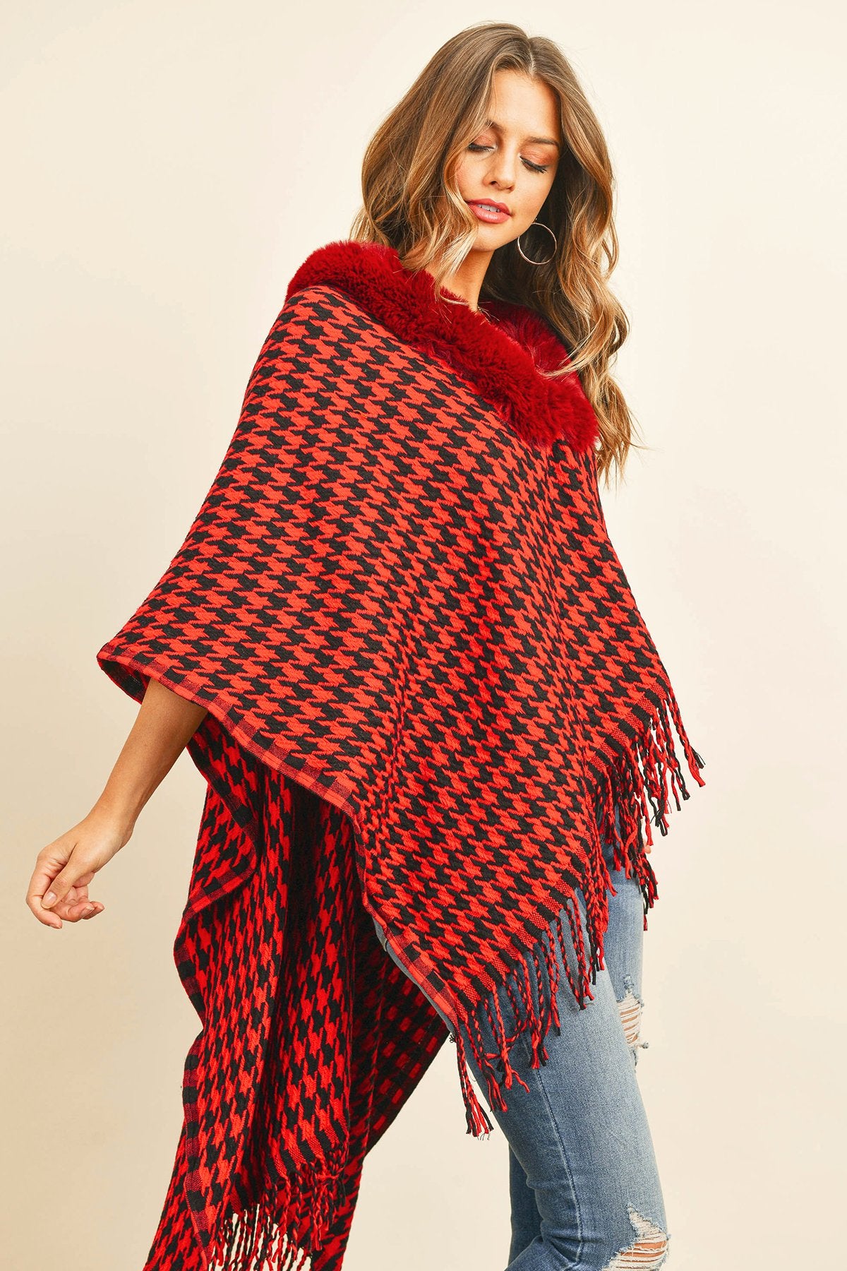 Hdf3145 - Houndstooth Fur Open Front Kimono