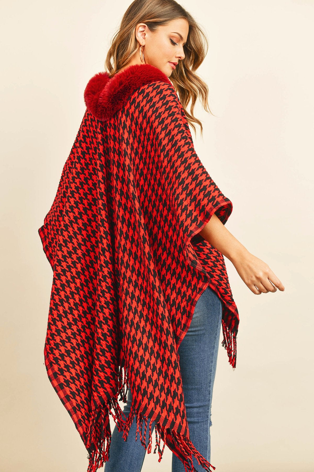Hdf3145 - Houndstooth Fur Open Front Kimono