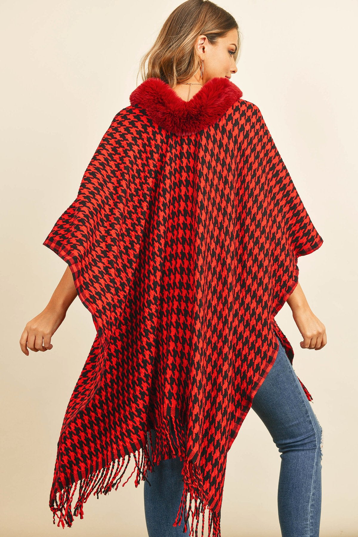 Hdf3145 - Houndstooth Fur Open Front Kimono