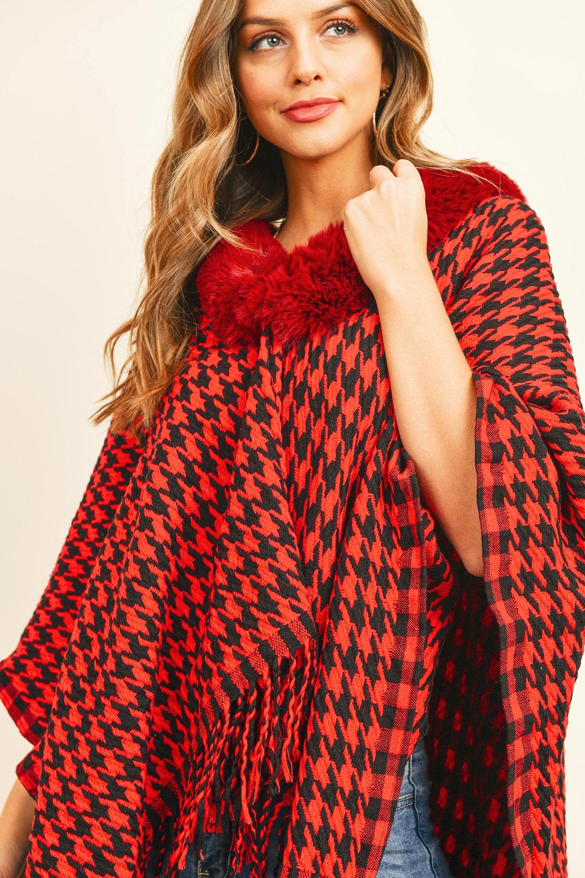 Hdf3145 - Houndstooth Fur Open Front Kimono