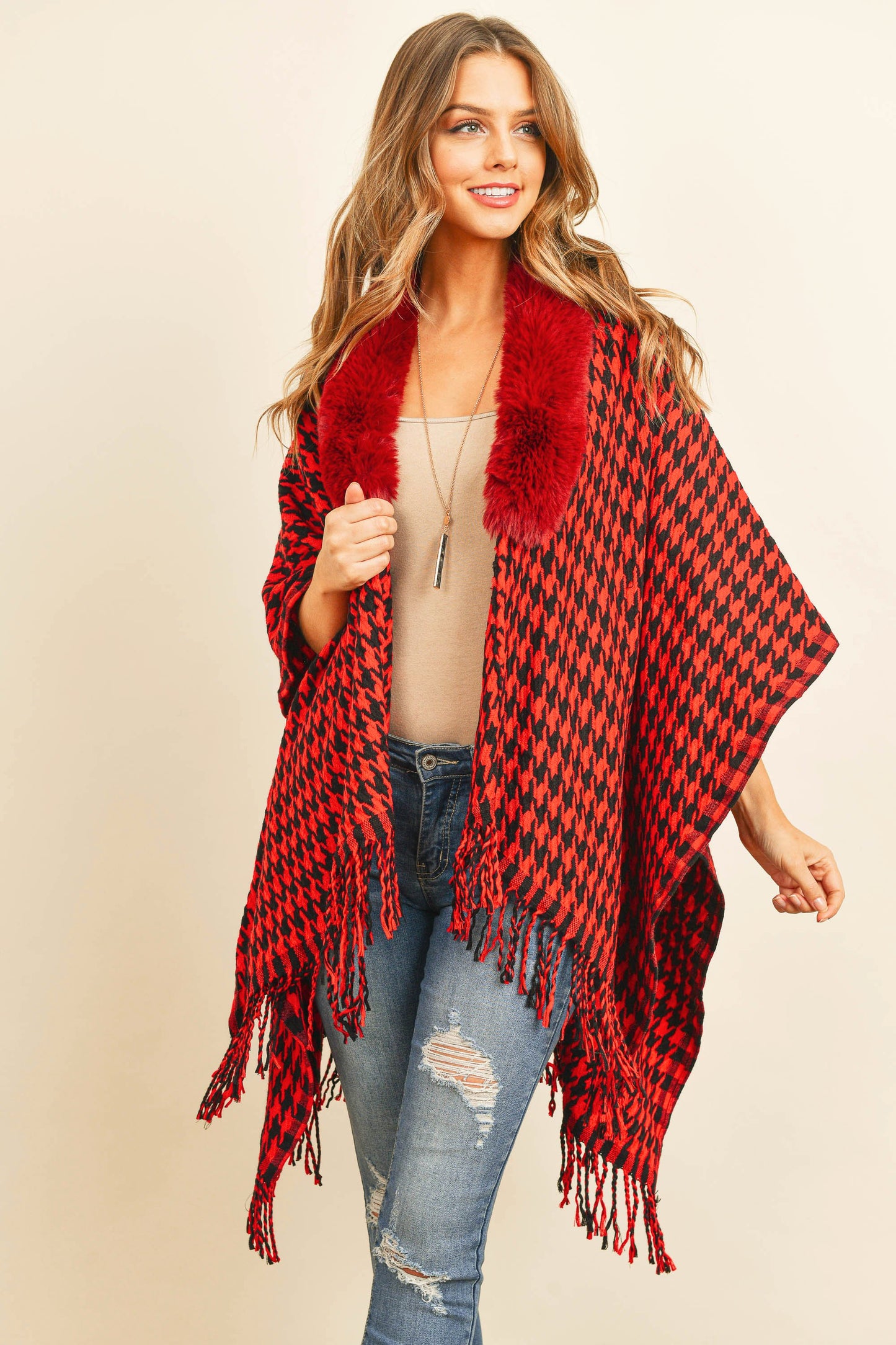 Hdf3145 - Houndstooth Fur Open Front Kimono