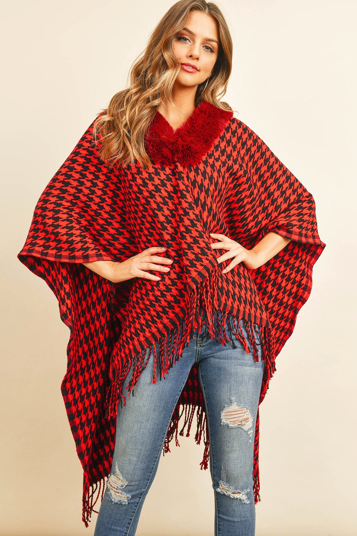 Hdf3145 - Houndstooth Fur Open Front Kimono