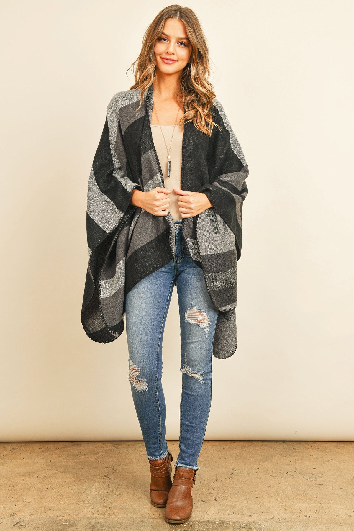 Hdf3152 - Block Pattern Open Front Kimono