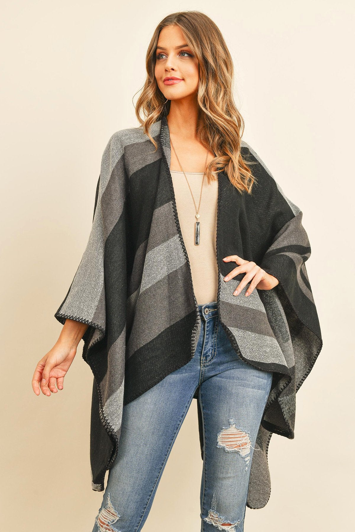Hdf3152 - Block Pattern Open Front Kimono