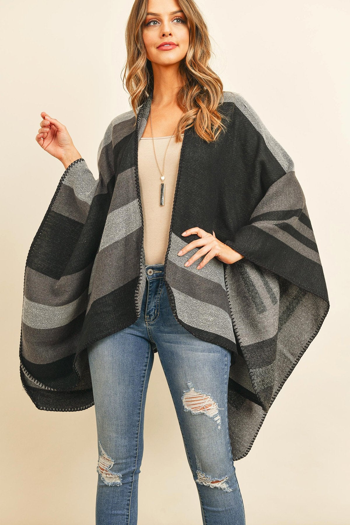 Hdf3152 - Block Pattern Open Front Kimono