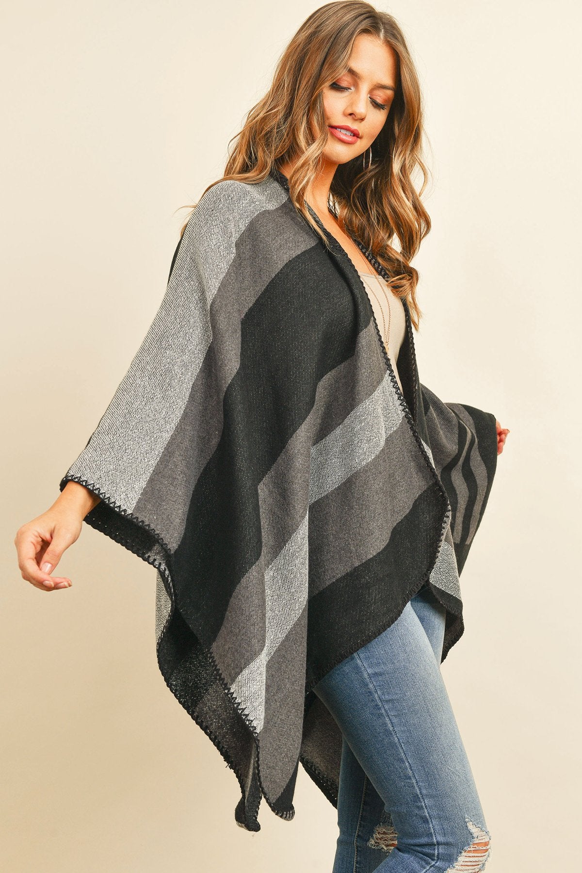 Hdf3152 - Block Pattern Open Front Kimono