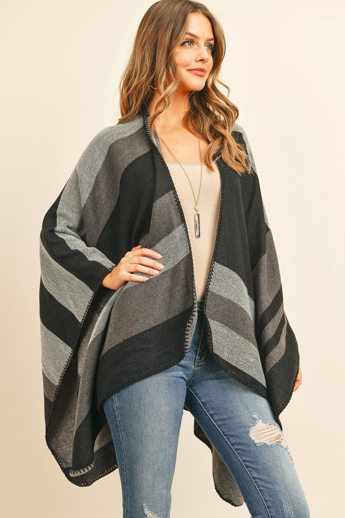 Hdf3152 - Block Pattern Open Front Kimono