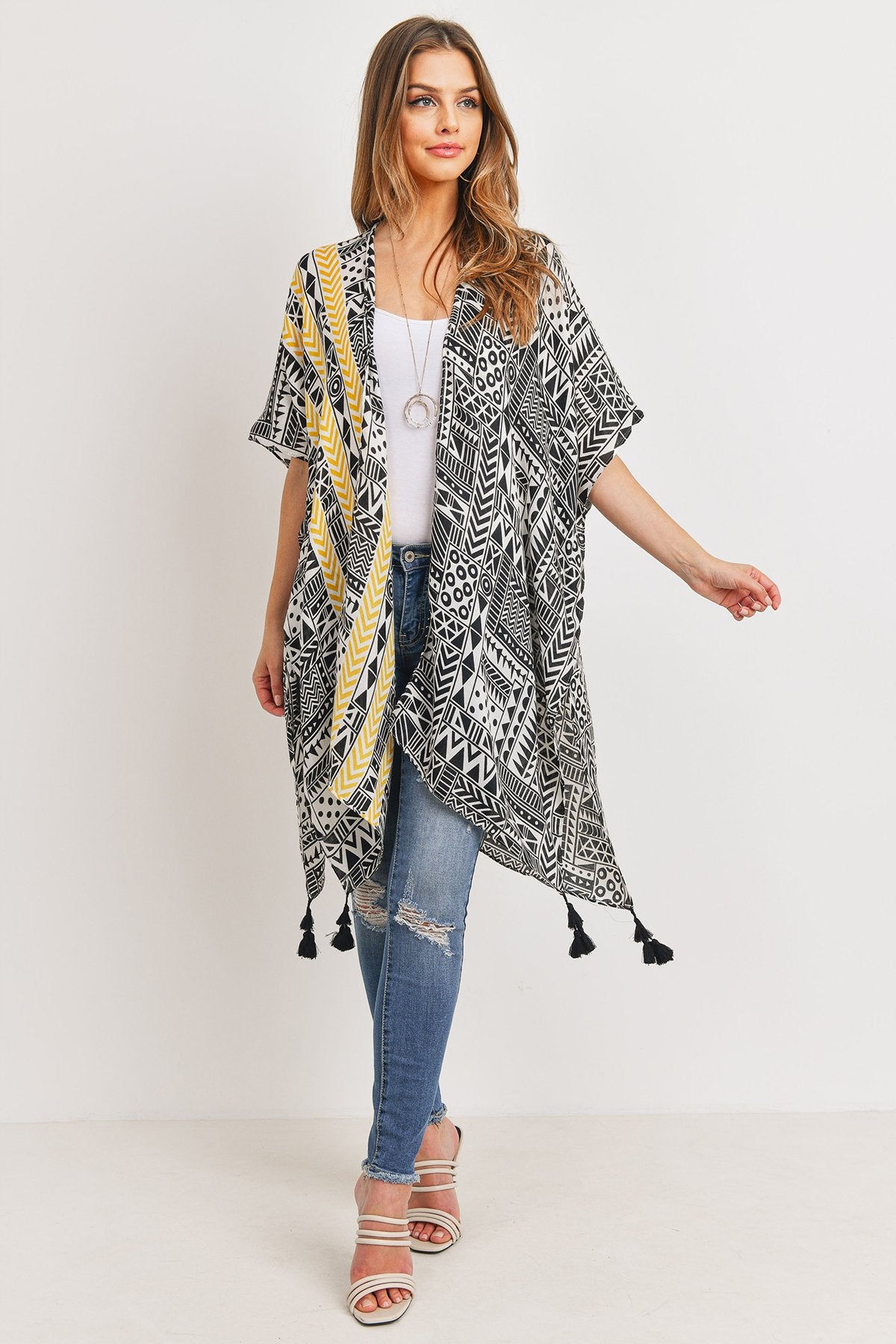 Hdf3162 - Tribal Pattern Print Tasseled Open Front Kimono