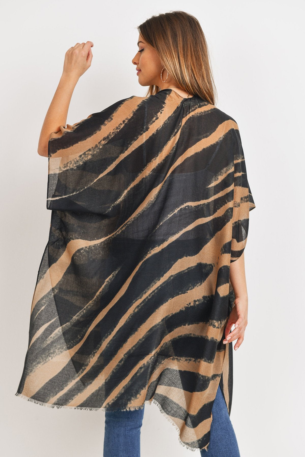 Hdf3167 - Zebra Line Print Open Front Kimono