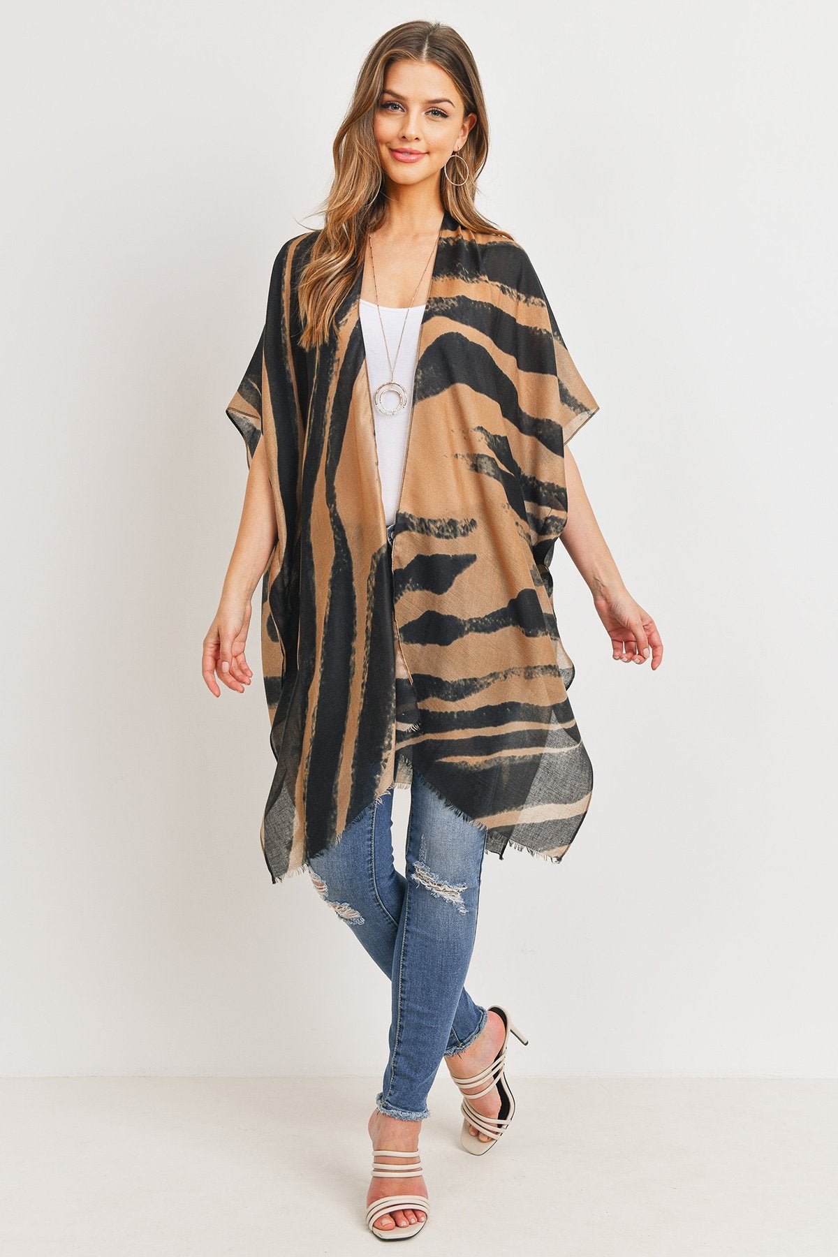 Hdf3167 - Zebra Line Print Open Front Kimono