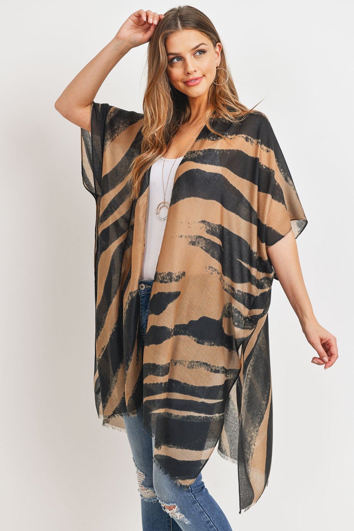 Hdf3167 - Zebra Line Print Open Front Kimono