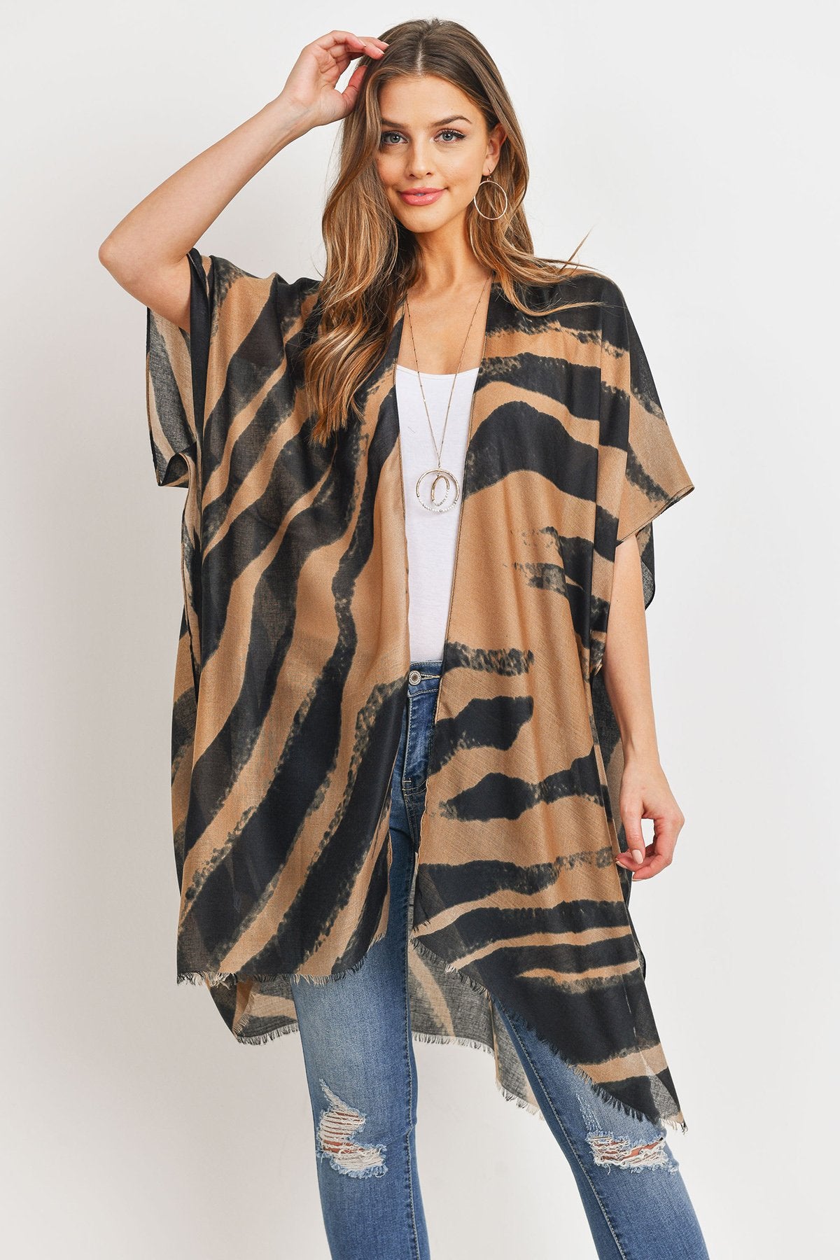 Hdf3167 - Zebra Line Print Open Front Kimono