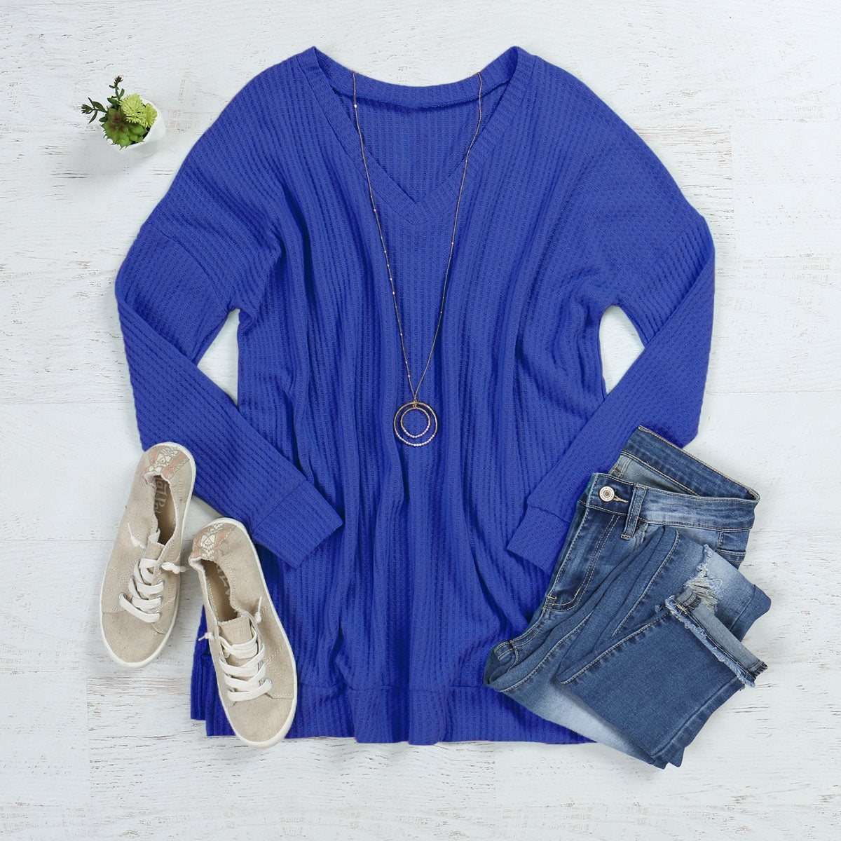 Thermal Waffle V-Neck Sweater