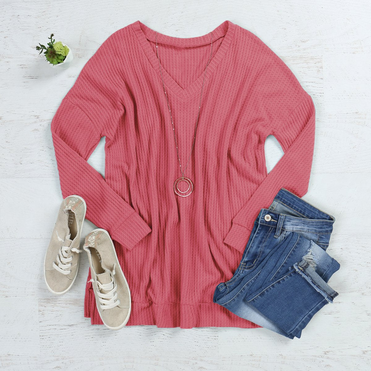 Thermal Waffle V-Neck Sweater