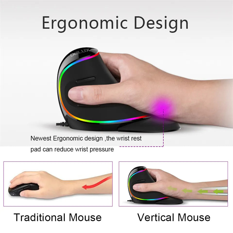 Delux M618 PLUS Ergonomics Vertical Gaming Mouse 6 Buttons 4000 DPI RGB Wired/Wireless Right Hand Mice for PC Laptop Computer