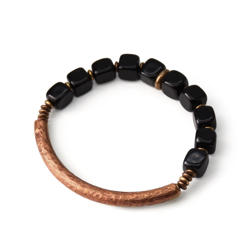 Cubic Black Obsidian Bracelet With Handcrafted Antique Copper Accessories Trendy Protection Stone Jewelry for Men and Women