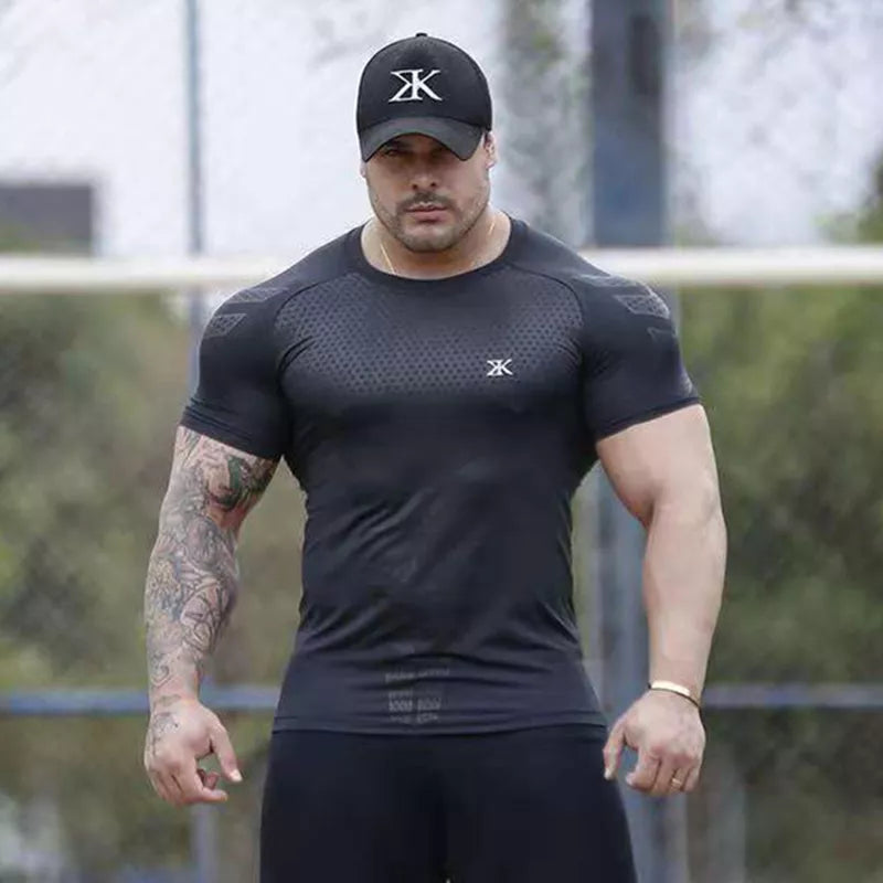 Compression Quick Dry T-Shirt Men Running Sport Skinny Short Tee Shirt Male Gym Fitness Bodybuilding Workout Black Tops Clothing