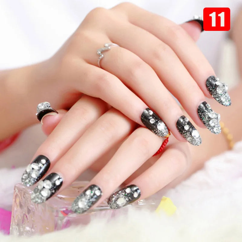 24pcs False Nails Floral Beads Decorated Artificial Nail Tips Bride Reusable Fingernails Fake Nail Press on Nail накладные ногти