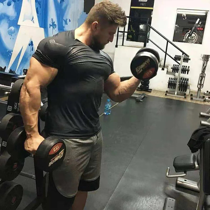 Compression Quick Dry T-Shirt Men Running Sport Skinny Short Tee Shirt Male Gym Fitness Bodybuilding Workout Black Tops Clothing