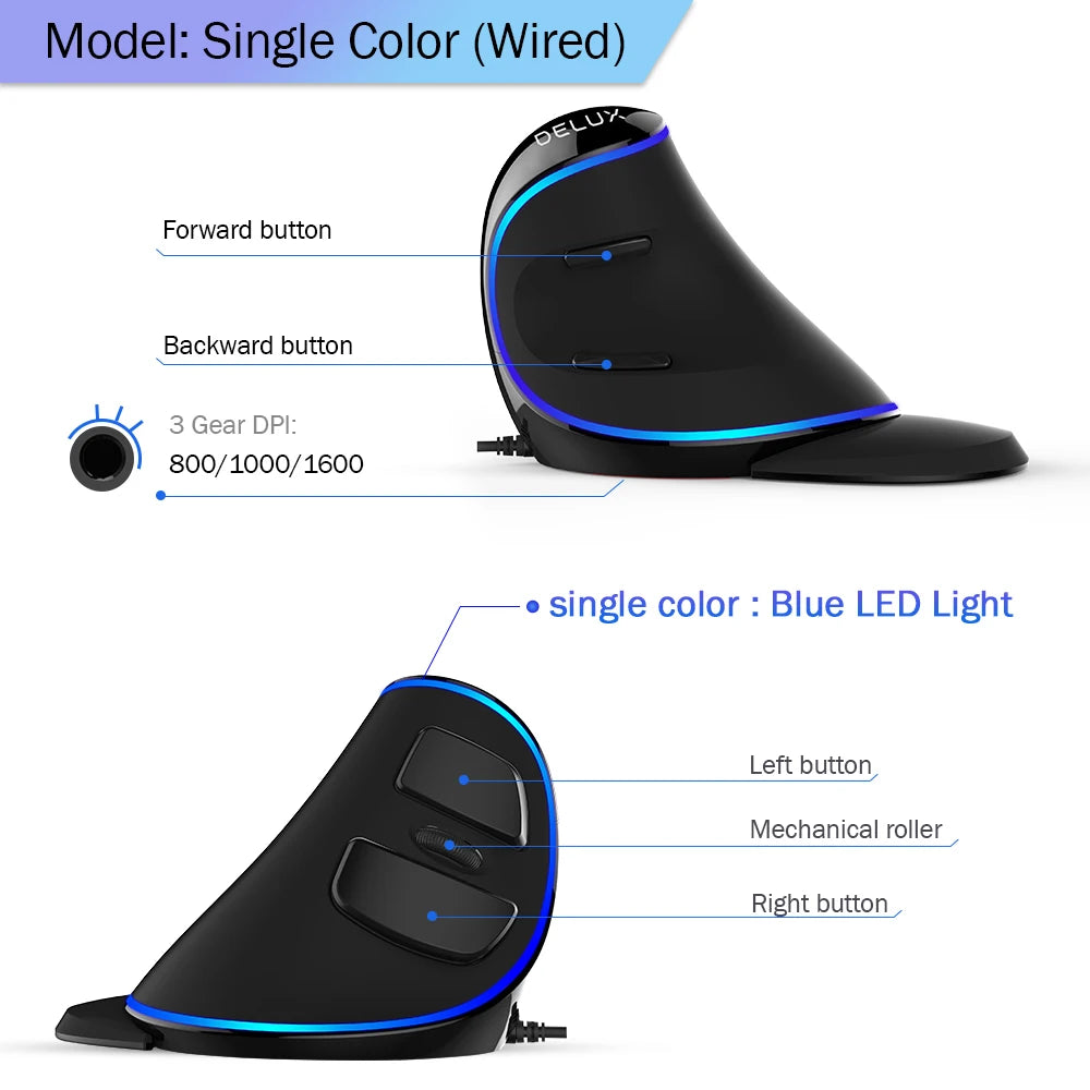Delux M618 PLUS Ergonomics Vertical Gaming Mouse 6 Buttons 4000 DPI RGB Wired/Wireless Right Hand Mice for PC Laptop Computer