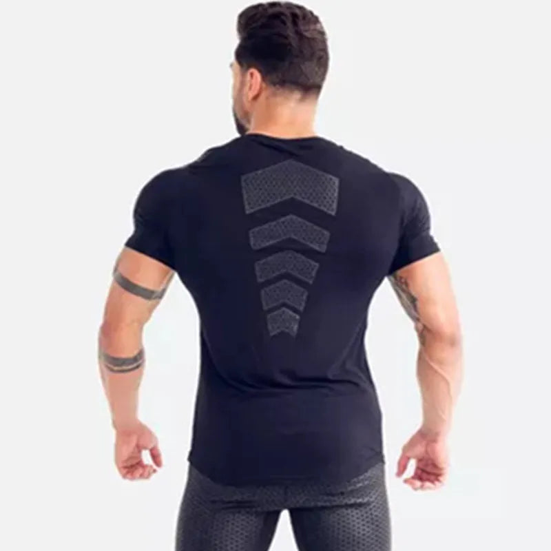 Compression Quick Dry T-Shirt Men Running Sport Skinny Short Tee Shirt Male Gym Fitness Bodybuilding Workout Black Tops Clothing