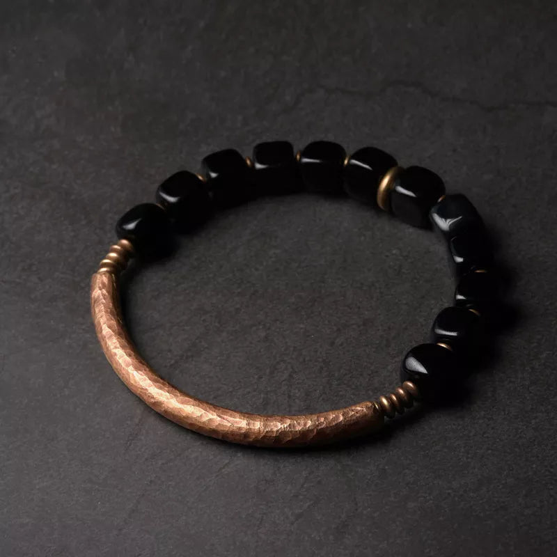 Cubic Black Obsidian Bracelet With Handcrafted Antique Copper Accessories Trendy Protection Stone Jewelry for Men and Women