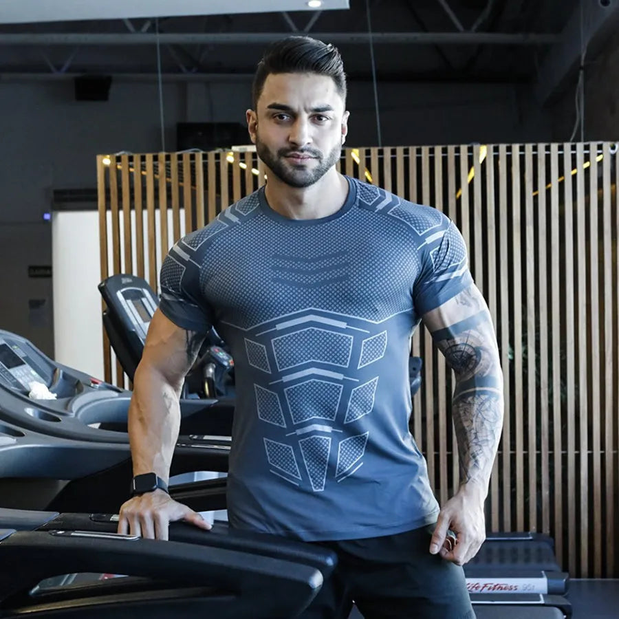 Compression Quick Dry T-Shirt Men Running Sport Skinny Short Tee Shirt Male Gym Fitness Bodybuilding Workout Black Tops Clothing