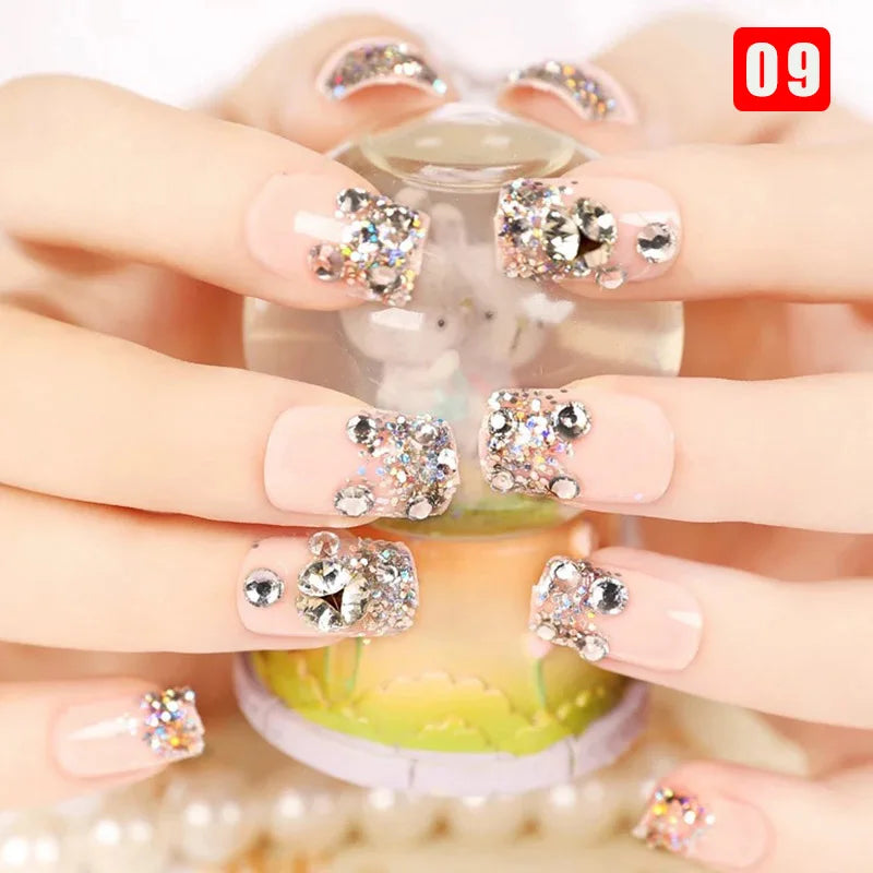24pcs False Nails Floral Beads Decorated Artificial Nail Tips Bride Reusable Fingernails Fake Nail Press on Nail накладные ногти