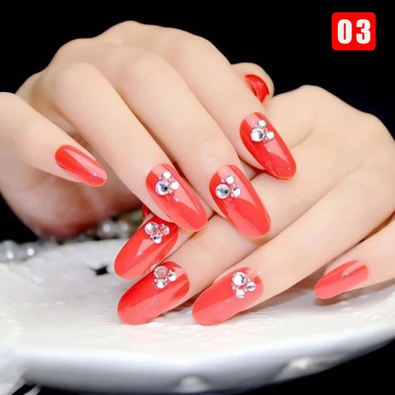 24pcs False Nails Floral Beads Decorated Artificial Nail Tips Bride Reusable Fingernails Fake Nail Press on Nail накладные ногти
