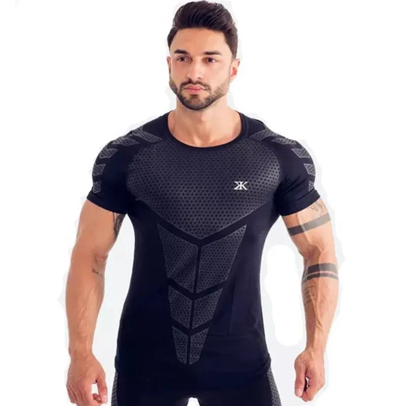 Compression Quick Dry T-Shirt Men Running Sport Skinny Short Tee Shirt Male Gym Fitness Bodybuilding Workout Black Tops Clothing