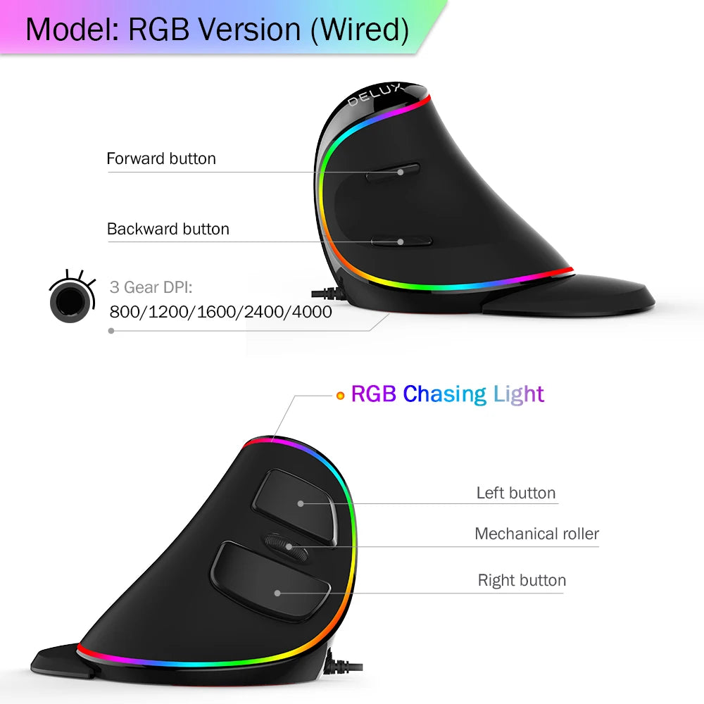 Delux M618 PLUS Ergonomics Vertical Gaming Mouse 6 Buttons 4000 DPI RGB Wired/Wireless Right Hand Mice for PC Laptop Computer