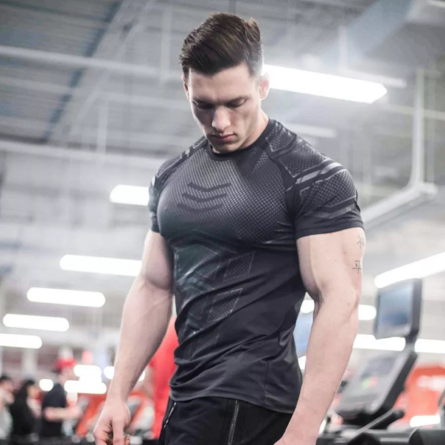 Compression Quick Dry T-Shirt Men Running Sport Skinny Short Tee Shirt Male Gym Fitness Bodybuilding Workout Black Tops Clothing