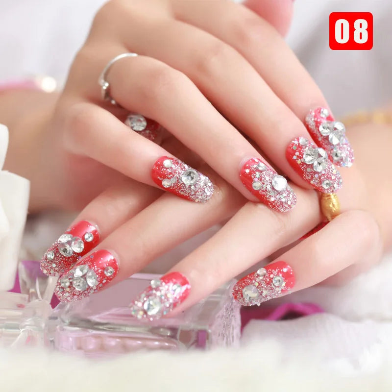 24pcs False Nails Floral Beads Decorated Artificial Nail Tips Bride Reusable Fingernails Fake Nail Press on Nail накладные ногти