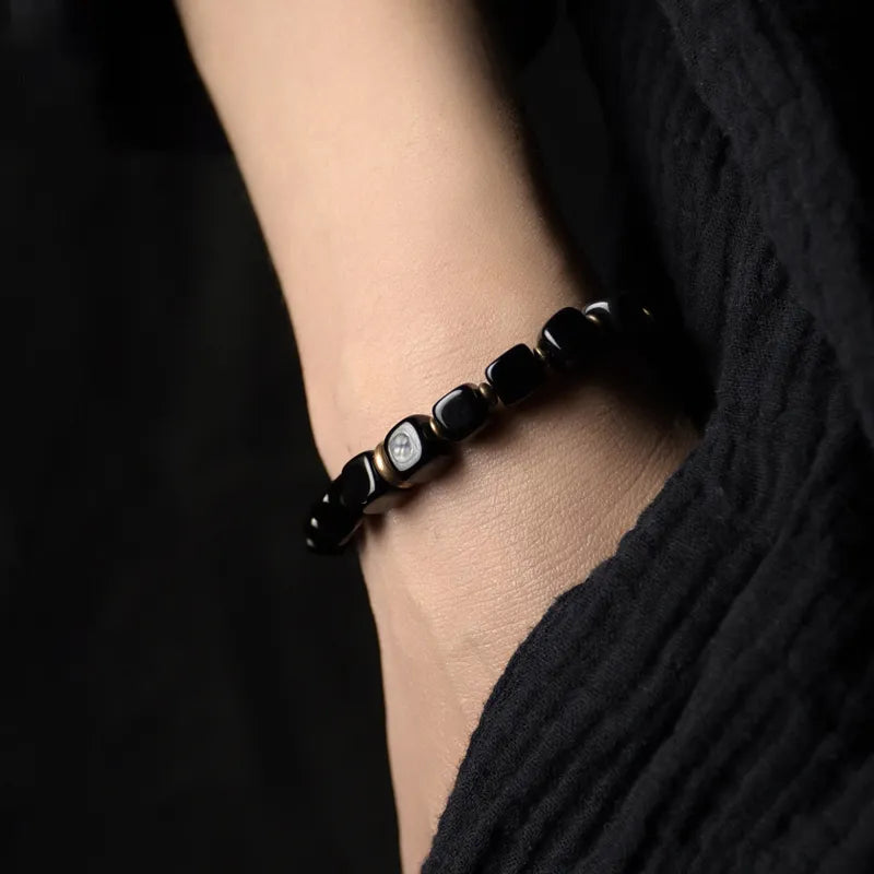 Cubic Black Obsidian Bracelet With Handcrafted Antique Copper Accessories Trendy Protection Stone Jewelry for Men and Women