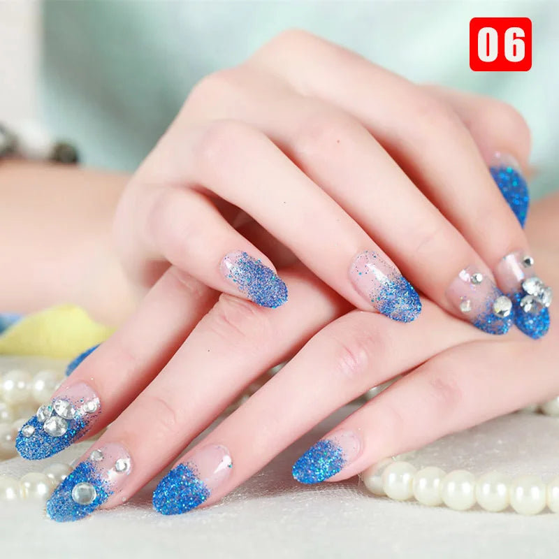 24pcs False Nails Floral Beads Decorated Artificial Nail Tips Bride Reusable Fingernails Fake Nail Press on Nail накладные ногти
