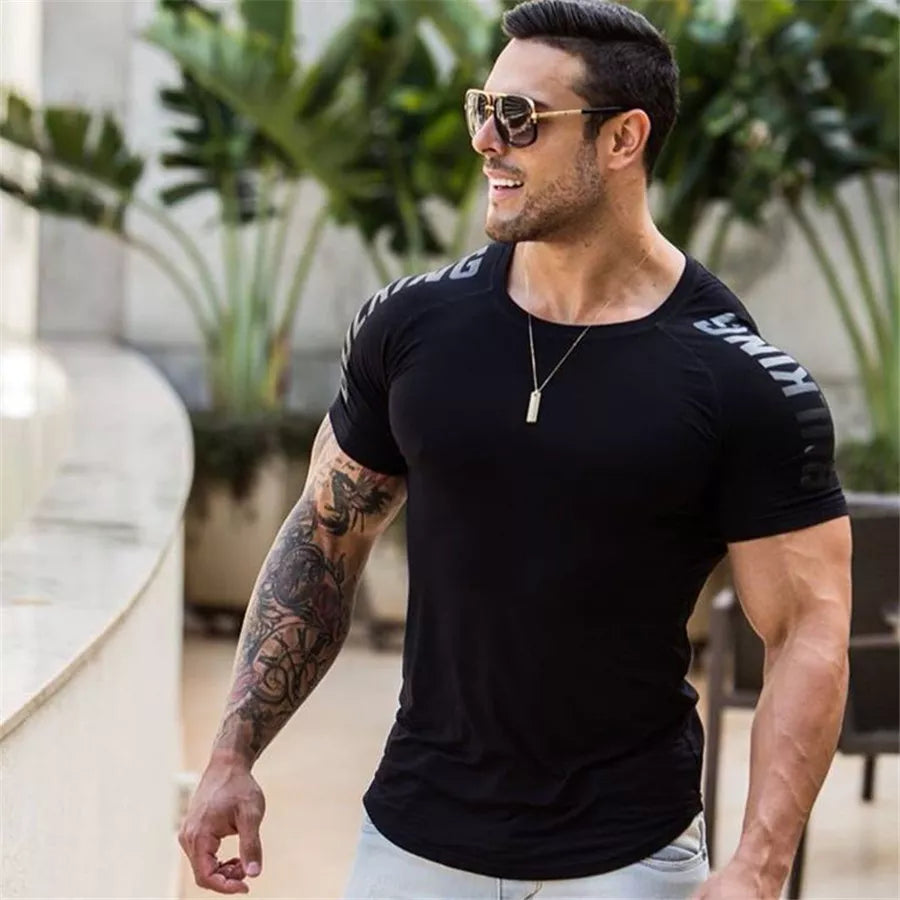 Compression Quick Dry T-Shirt Men Running Sport Skinny Short Tee Shirt Male Gym Fitness Bodybuilding Workout Black Tops Clothing