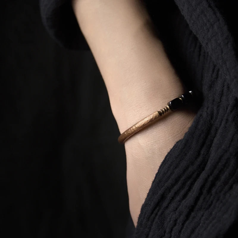 Cubic Black Obsidian Bracelet With Handcrafted Antique Copper Accessories Trendy Protection Stone Jewelry for Men and Women