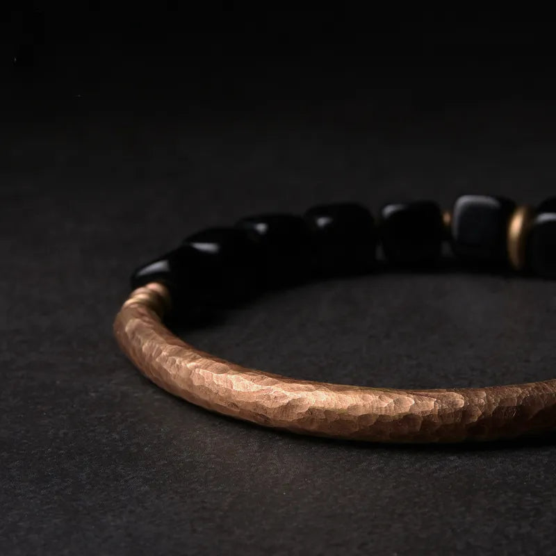 Cubic Black Obsidian Bracelet With Handcrafted Antique Copper Accessories Trendy Protection Stone Jewelry for Men and Women